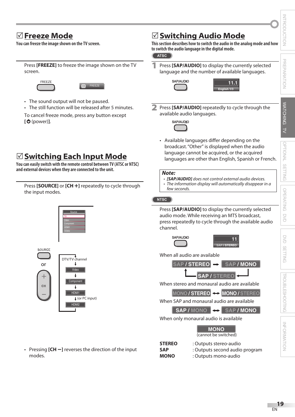 Freeze mode, Switching each input mode, Switching audio mode | Philips Magnavox 26MD350B/F7 User Manual | Page 19 / 57
