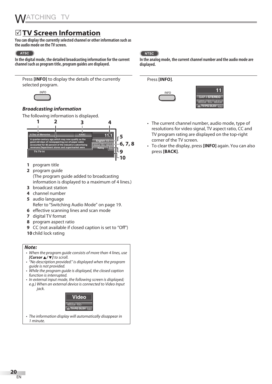 Atching tv, Tv screen information, Broadcasting information | Video | Philips Magnavox 26MD350B/F7 User Manual | Page 20 / 57