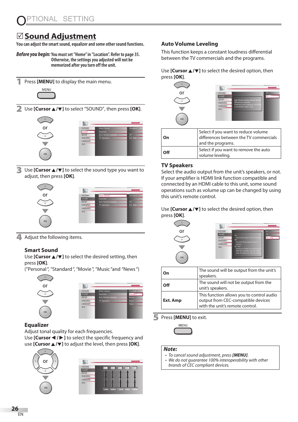 Ptional setting, Sound adjustment, Before you begin | Smart sound, Equalizer, Auto volume leveling, Tv speakers, Press [menu] to display the main menu, Adjust the following items, Press [menu] to exit | Philips Magnavox 26MD350B/F7 User Manual | Page 26 / 57