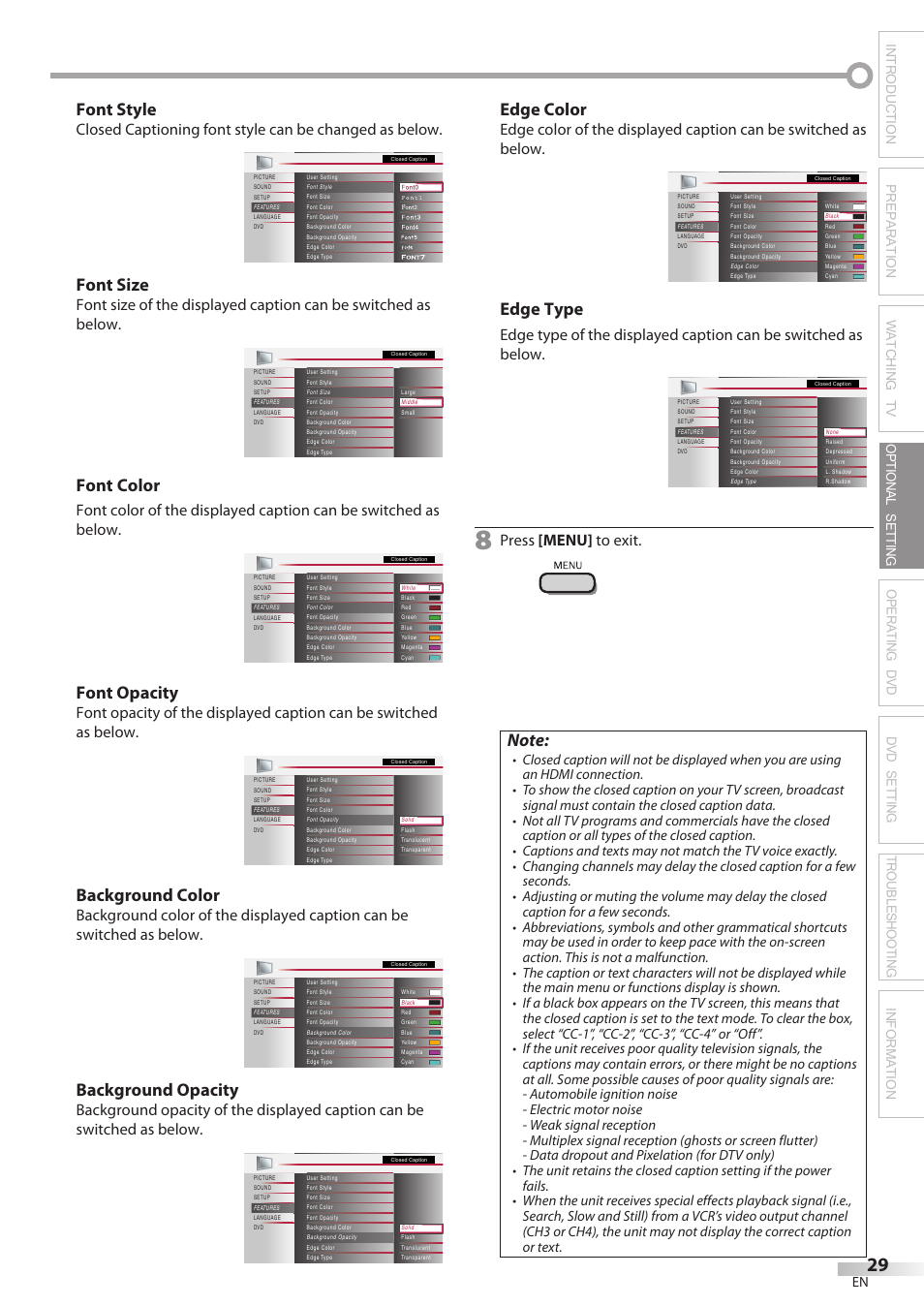 Font style, Font size, Font color | Font opacity, Background color, Background opacity, Edge color, Edge type, Press [menu] to exit | Philips Magnavox 26MD350B/F7 User Manual | Page 29 / 57