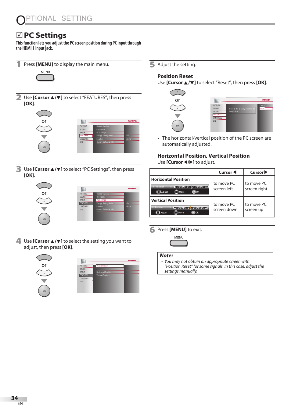 Ptional setting, Pc settings, Position reset | Horizontal position, vertical position, Press [menu] to display the main menu, Adjust the setting, Use [cursor s / b ] to adjust, Press [menu] to exit | Philips Magnavox 26MD350B/F7 User Manual | Page 34 / 57