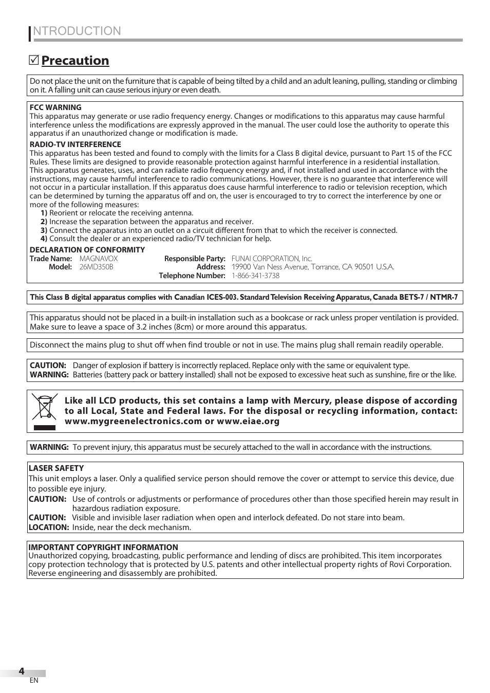Ntroduction, Precaution | Philips Magnavox 26MD350B/F7 User Manual | Page 4 / 57