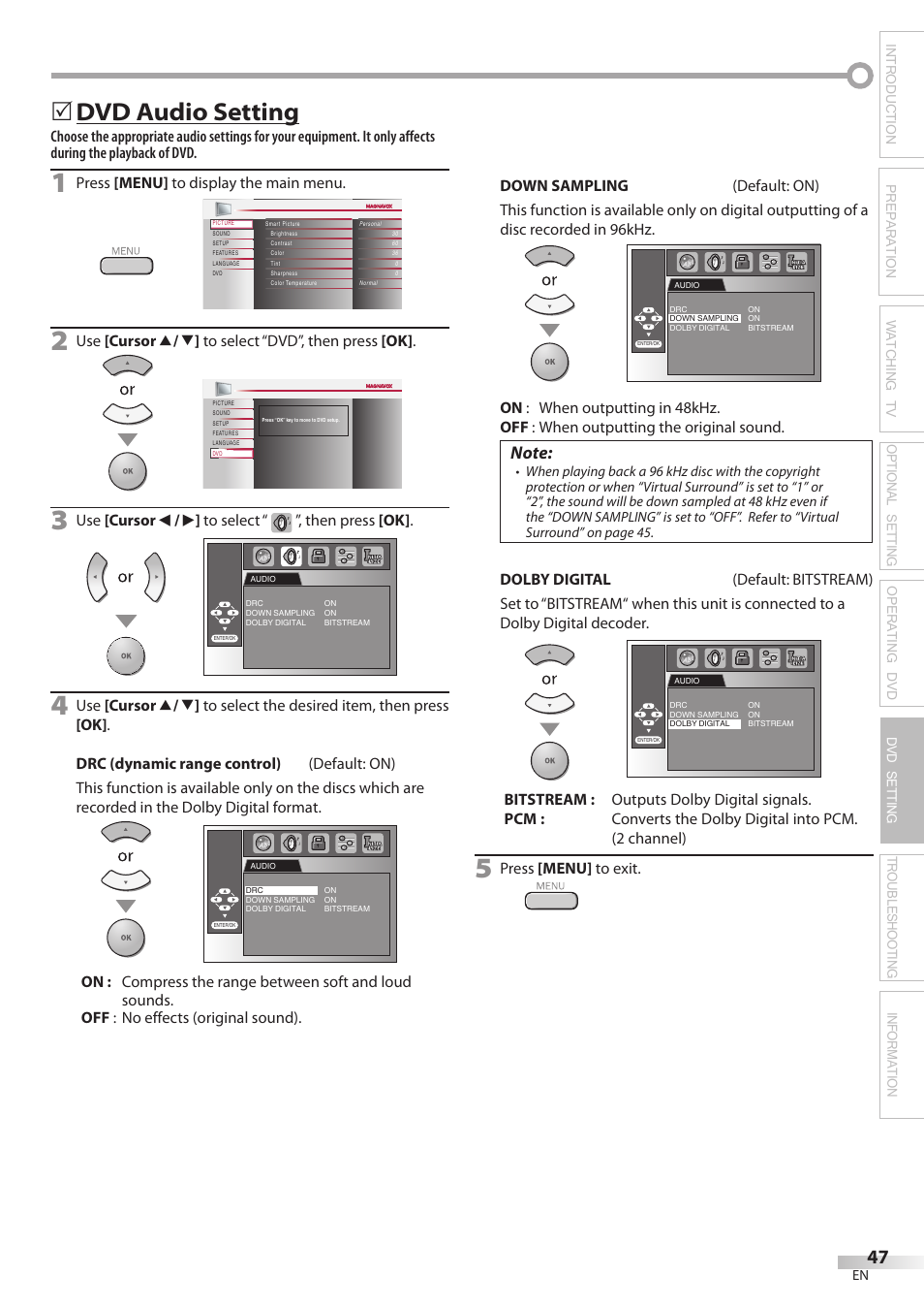 Dvd audio setting, Press [menu] to display the main menu, Use [cursor s / b ] to select “ ”, then press [ok | Press [menu] to exit | Philips Magnavox 26MD350B/F7 User Manual | Page 47 / 57