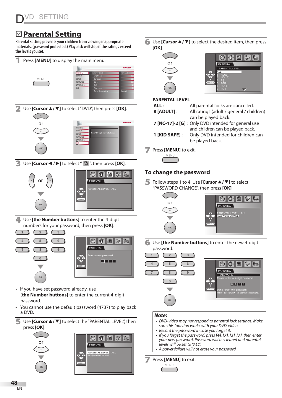 Vd setting, Parental setting | Philips Magnavox 26MD350B/F7 User Manual | Page 48 / 57