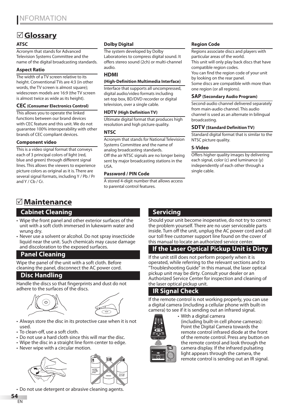 Nformation, Glossary  maintenance, Cabinet cleaning | Panel cleaning, Disc handling, Servicing, If the laser optical pickup unit is dirty, Ir signal check | Philips Magnavox 26MD350B/F7 User Manual | Page 54 / 57