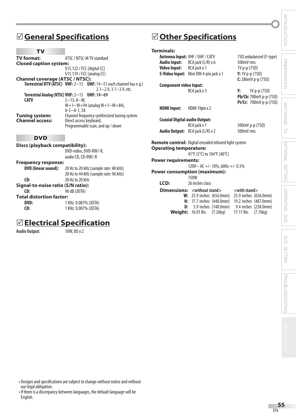 General specifications, Electrical specification, Other specifications | Philips Magnavox 26MD350B/F7 User Manual | Page 55 / 57