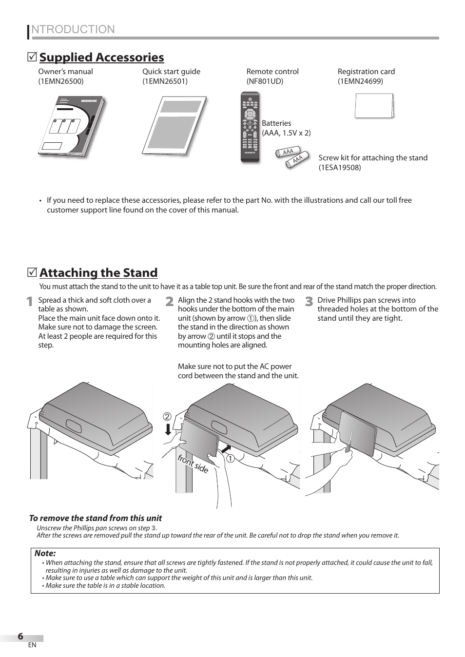 Ntroduction, Attaching the stand, Supplied accessories | Philips Magnavox 26MD350B/F7 User Manual | Page 6 / 57