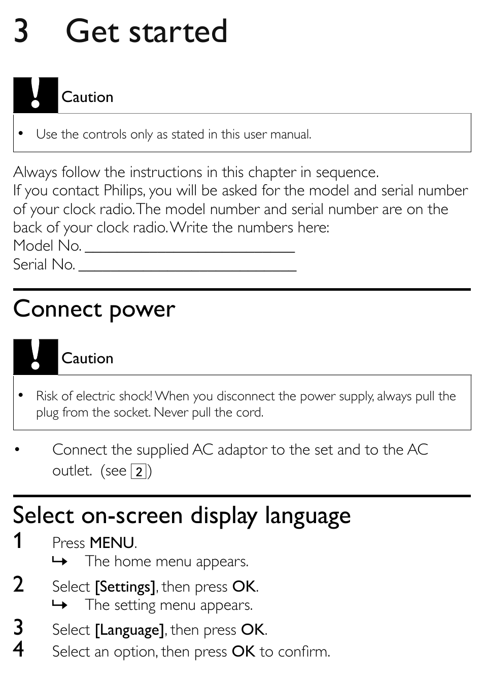 3 get started, Connect power, Select on-screen display language | Philips AJL303/37 User Manual | Page 10 / 21