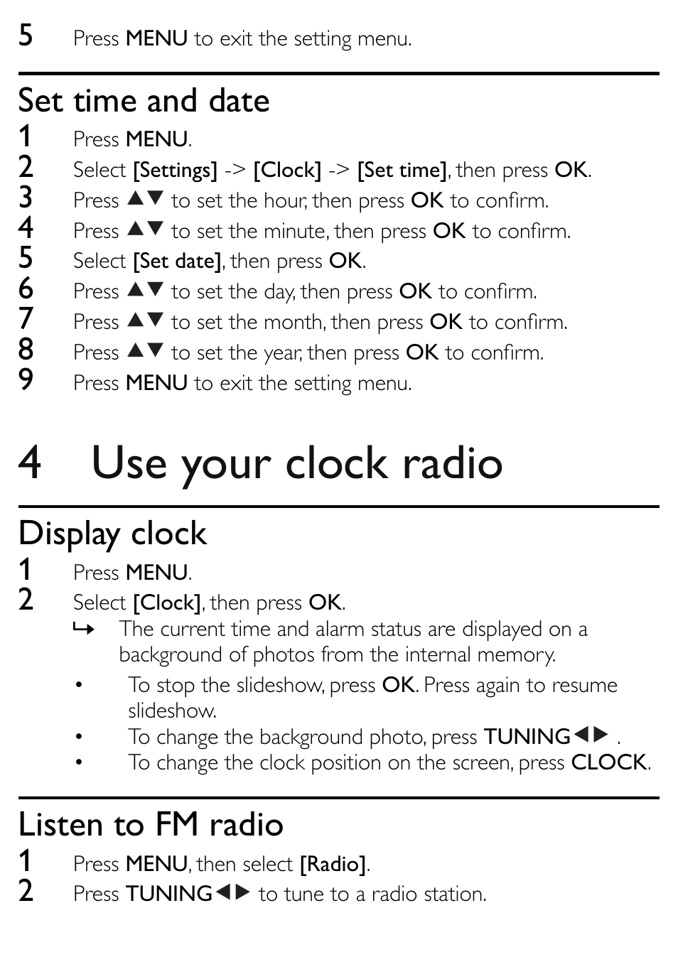 4 use your clock radio, Set time and date, Display clock | Listen to fm radio | Philips AJL303/37 User Manual | Page 11 / 21