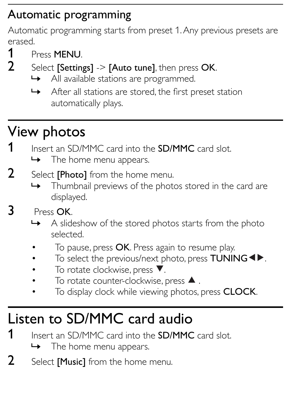 View photos, Listen to sd/mmc card audio | Philips AJL303/37 User Manual | Page 13 / 21