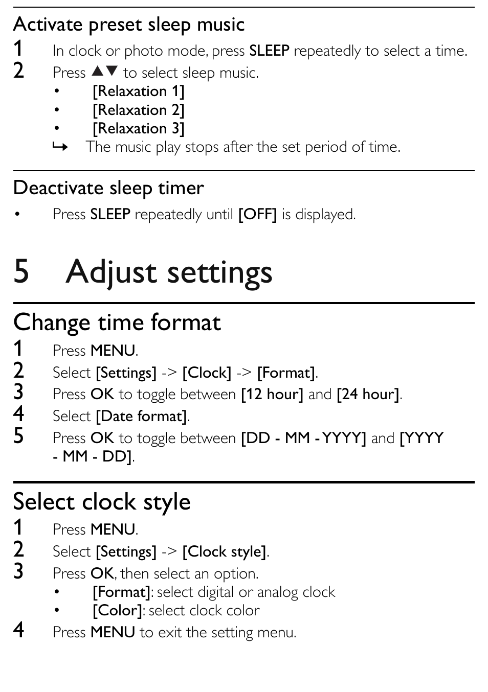 5 adjust settings, Change time format, Select clock style | Philips AJL303/37 User Manual | Page 16 / 21