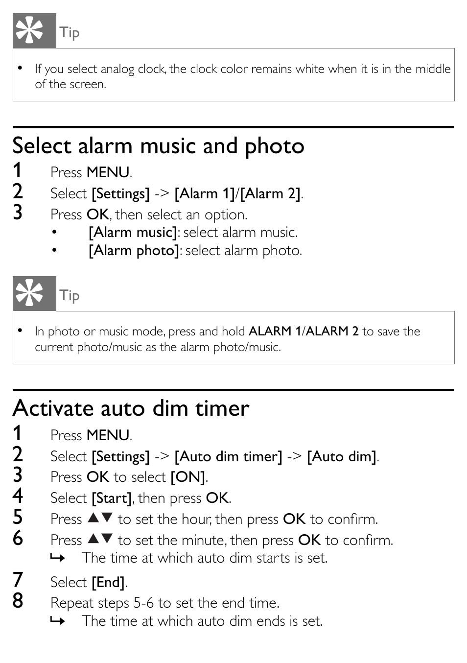 Select alarm music and photo, Activate auto dim timer | Philips AJL303/37 User Manual | Page 17 / 21