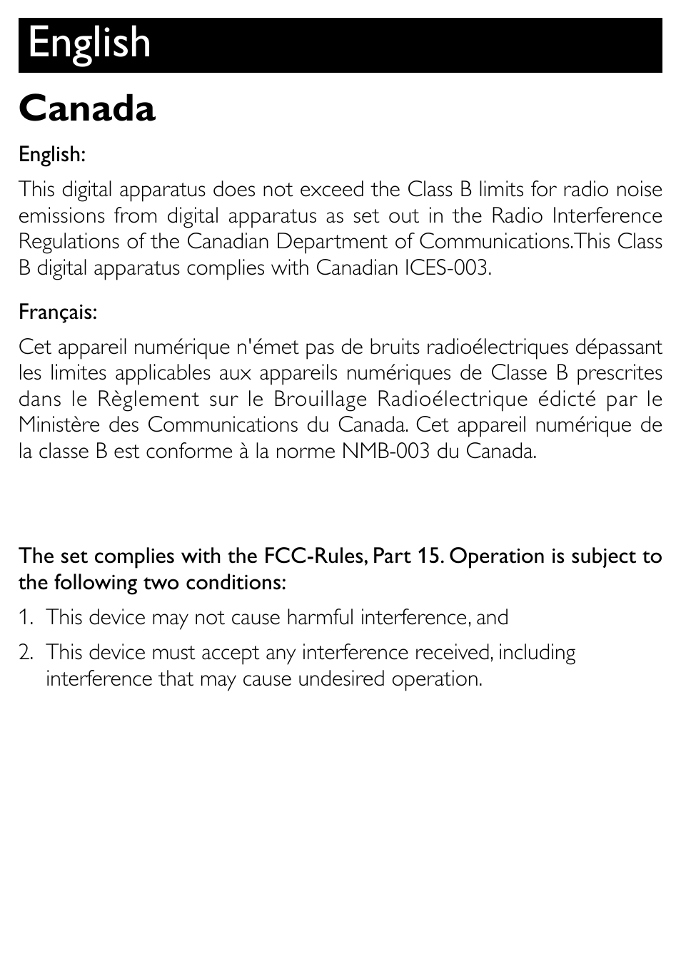 English, Canada | Philips AJL303/37 User Manual | Page 3 / 21