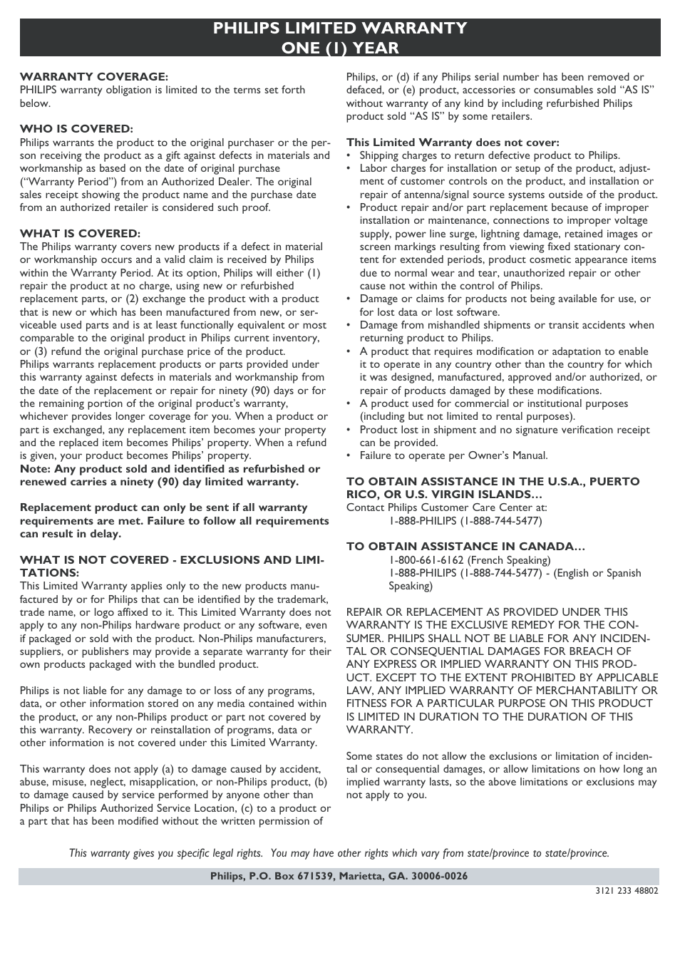 Philips limited warranty one (1) year | Philips AJL303/37 User Manual | Page 5 / 21