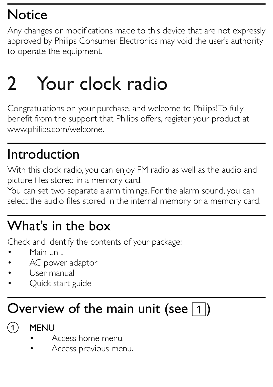 2 your clock radio, Notice, Introduction | What’s in the box, Overview of the main unit (see 1) | Philips AJL303/37 User Manual | Page 8 / 21