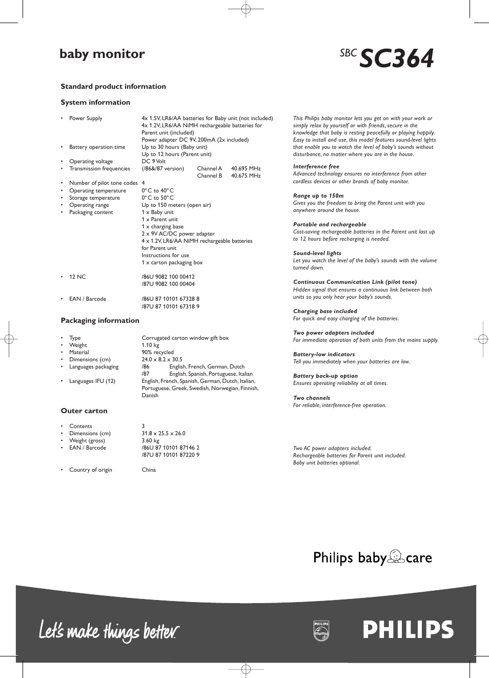 Sc364, Baby monitor | Philips SC364 User Manual | Page 2 / 2