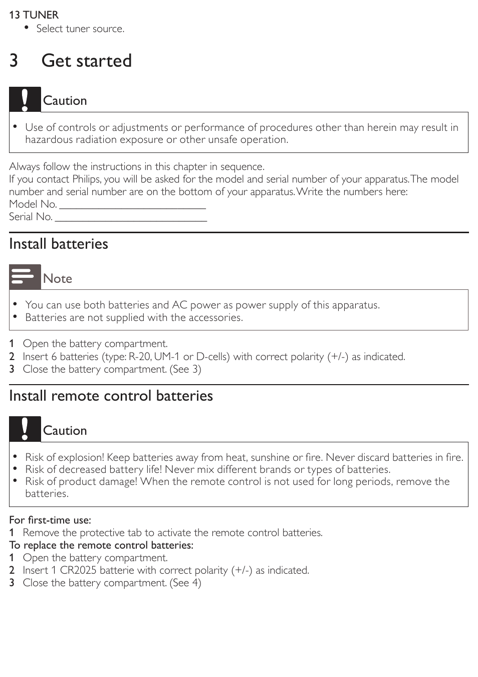 3 get started, Install batteries, Install remote control batteries | Philips AZ3856 User Manual | Page 10 / 20
