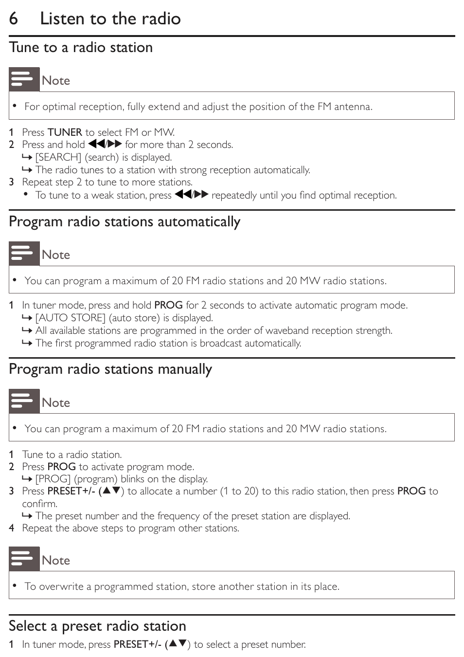 6 listen to the radio, Tune to a radio station, Program radio stations automatically | Program radio stations manually, Select a preset radio station | Philips AZ3856 User Manual | Page 14 / 20