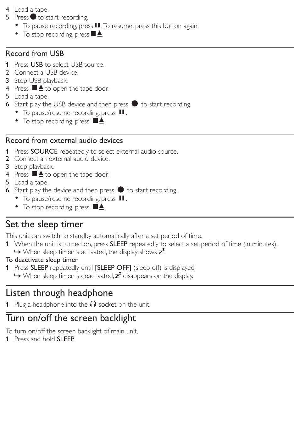 Set the sleep timer, Listen through headphone, Turn on/off the screen backlight | Philips AZ3856 User Manual | Page 16 / 20