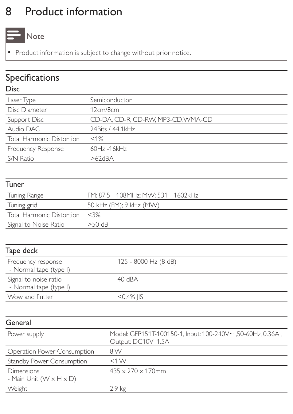 8 product information, Specifications | Philips AZ3856 User Manual | Page 17 / 20