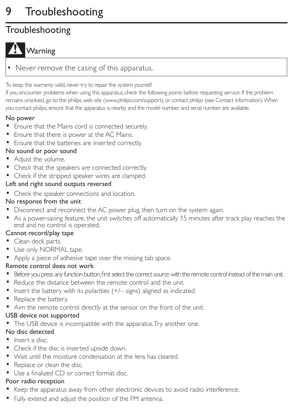 9 troubleshooting, Troubleshooting | Philips AZ3856 User Manual | Page 19 / 20