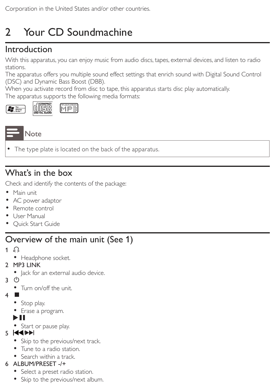 2 your cd soundmachine, Introduction, What’s in the box | Overview of the main unit (see 1) | Philips AZ3856 User Manual | Page 7 / 20