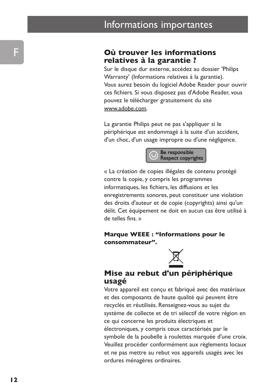 Informations importantes | Philips SPE3000 Series User Manual | Page 12 / 52