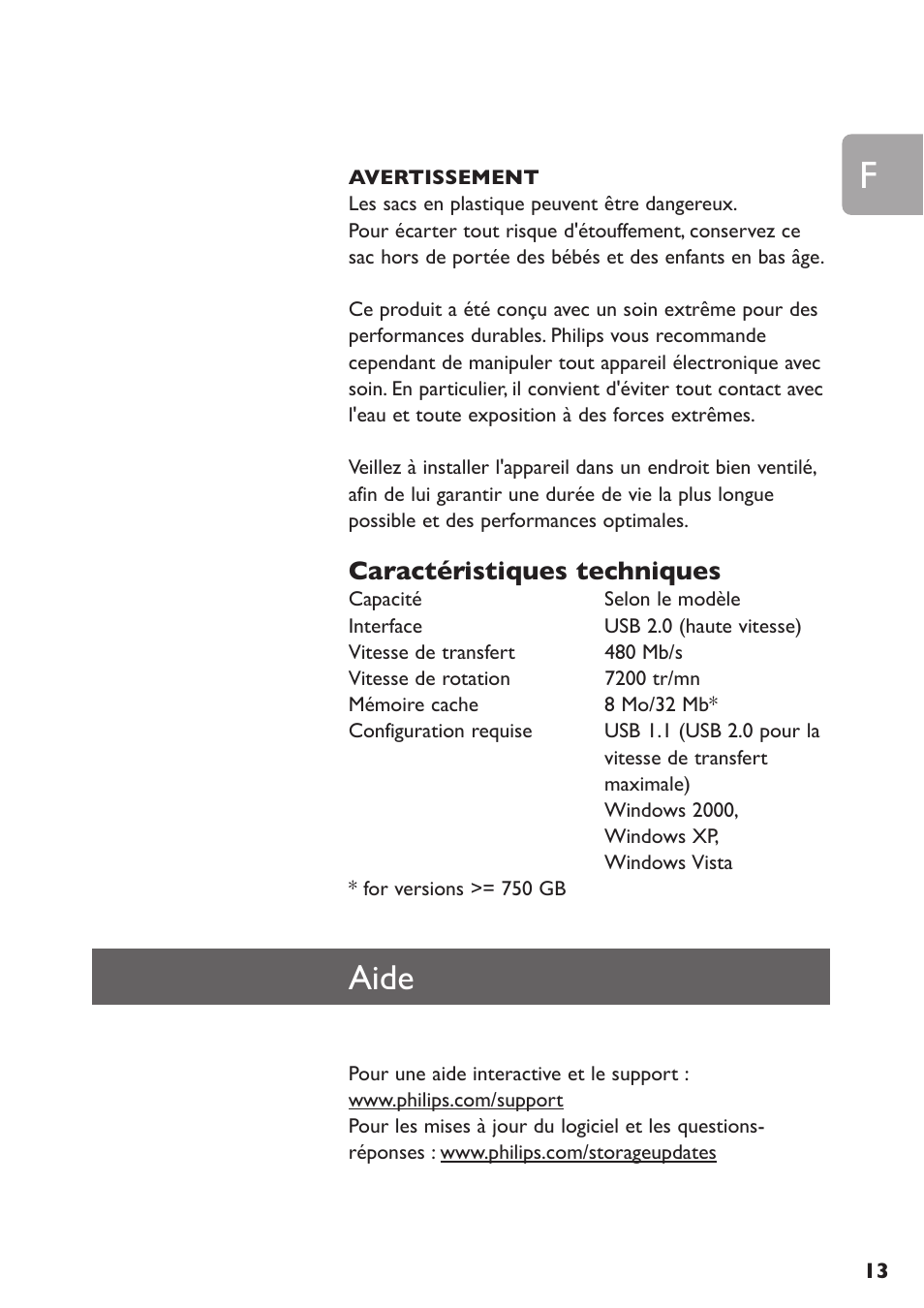 Aide, Caractéristiques techniques | Philips SPE3000 Series User Manual | Page 13 / 52