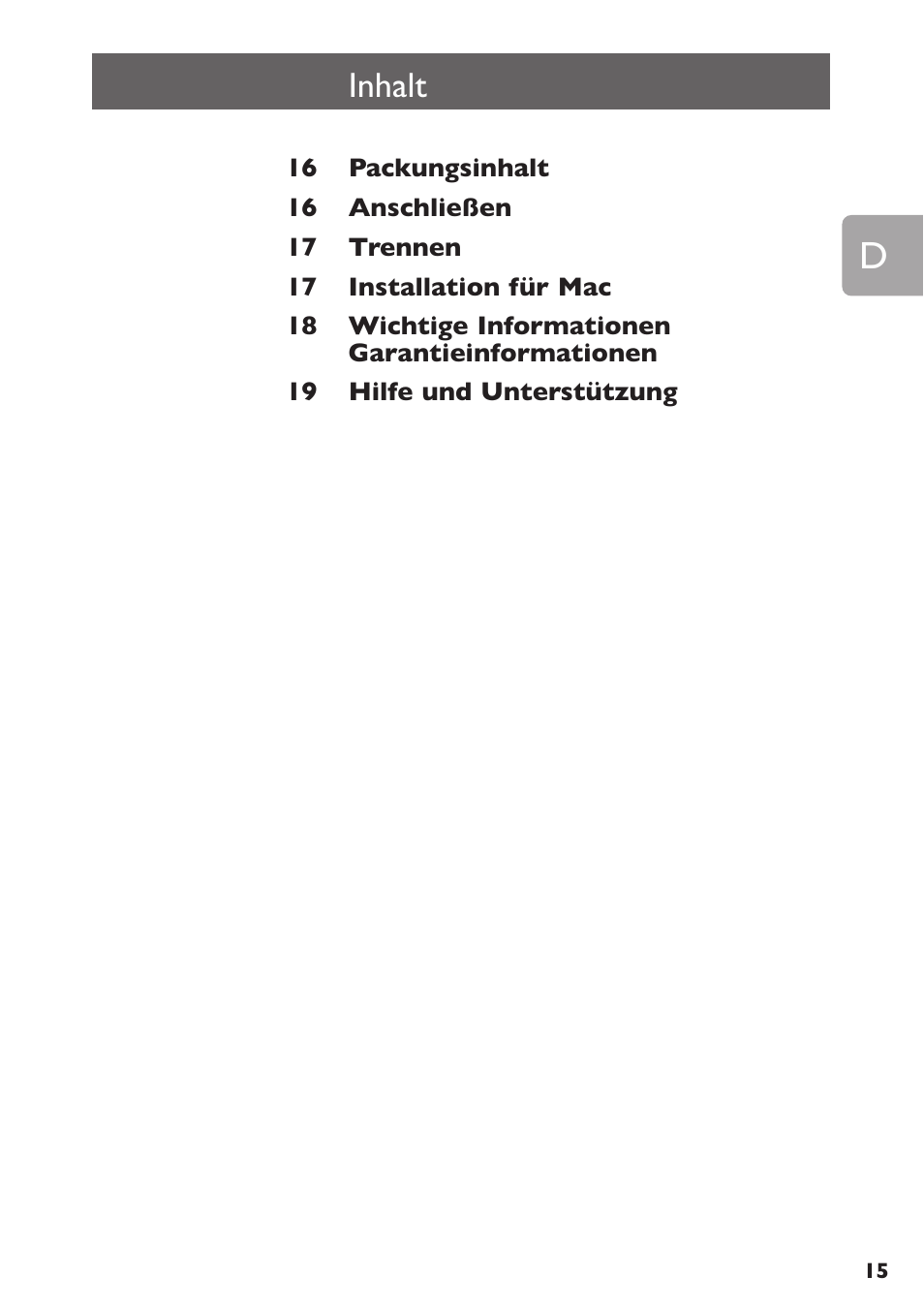 Inhalt | Philips SPE3000 Series User Manual | Page 15 / 52