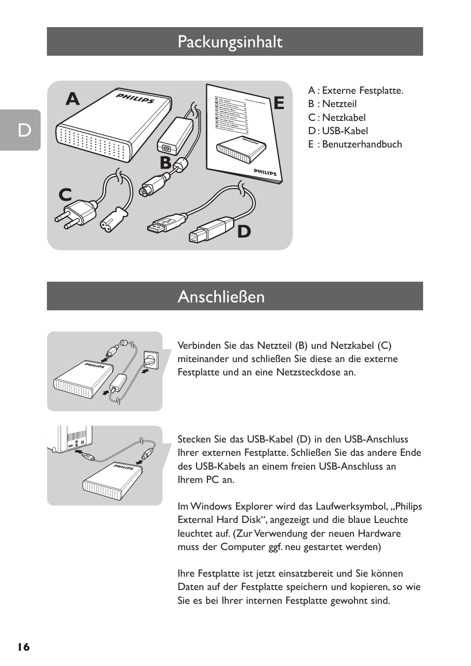 Packungsinhalt, Anschließen | Philips SPE3000 Series User Manual | Page 16 / 52