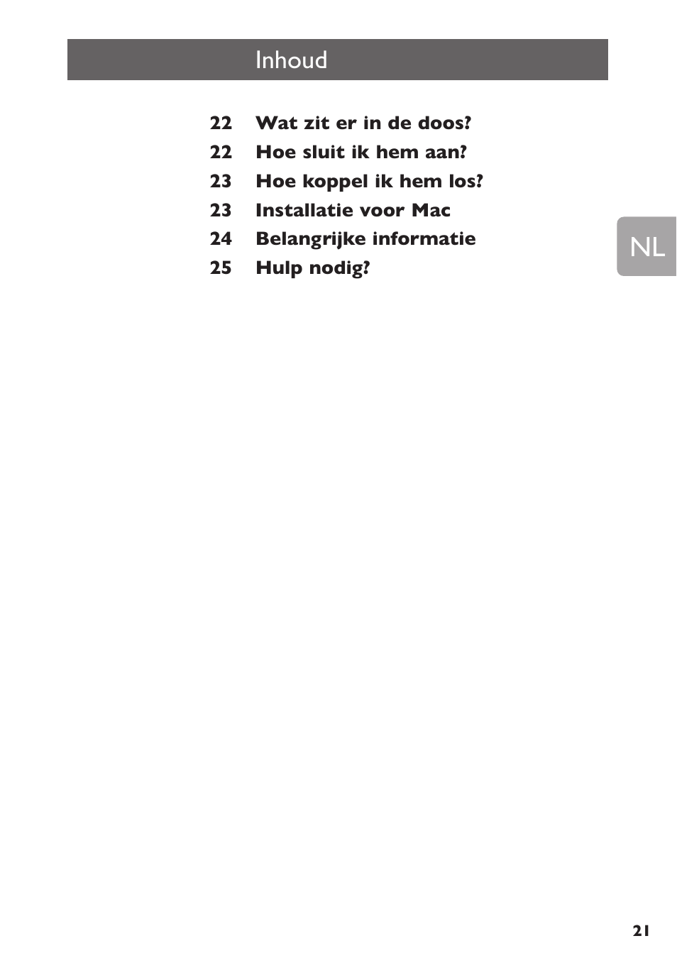 Inhoud | Philips SPE3000 Series User Manual | Page 21 / 52