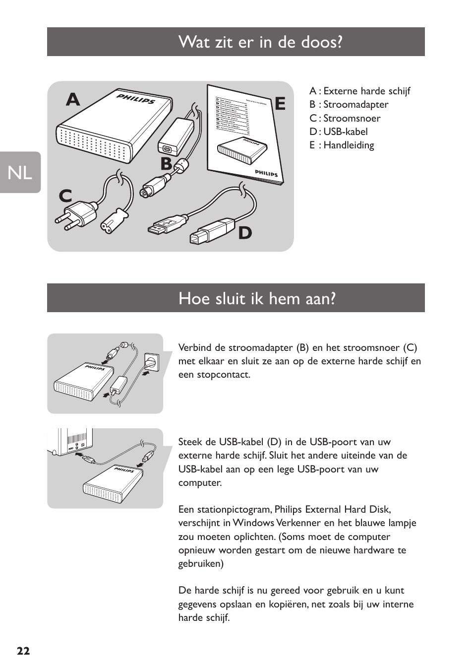 Wat zit er in de doos, Hoe sluit ik hem aan | Philips SPE3000 Series User Manual | Page 22 / 52