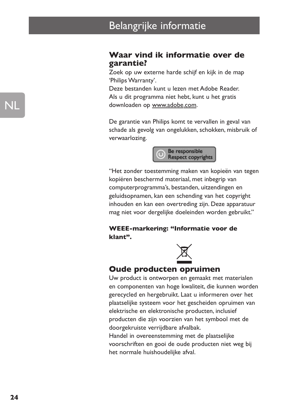 Belangrijke informatie | Philips SPE3000 Series User Manual | Page 24 / 52