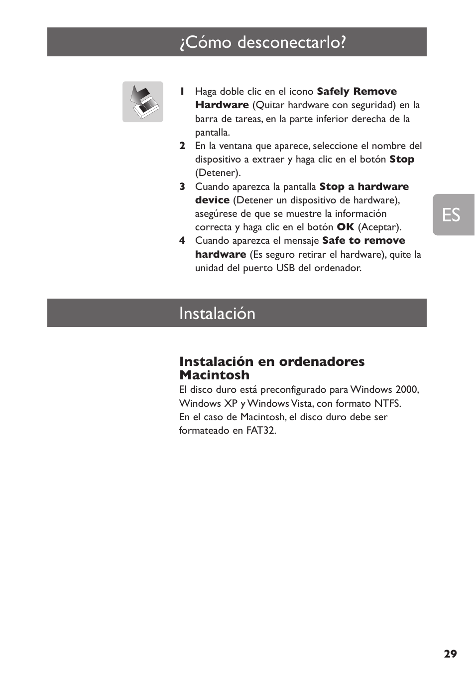 Cómo desconectarlo, Instalación | Philips SPE3000 Series User Manual | Page 29 / 52