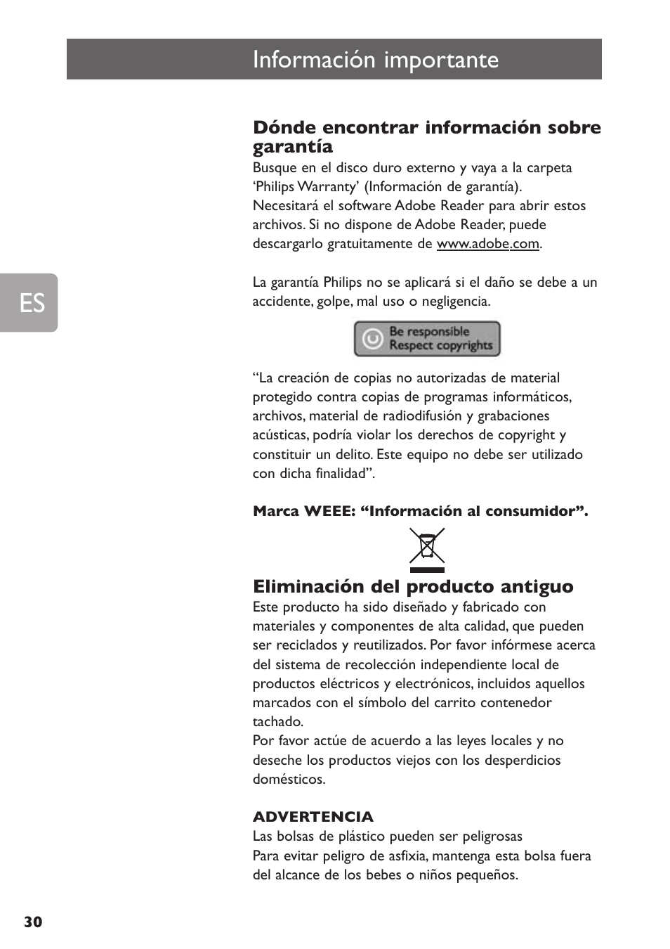 Información importante | Philips SPE3000 Series User Manual | Page 30 / 52