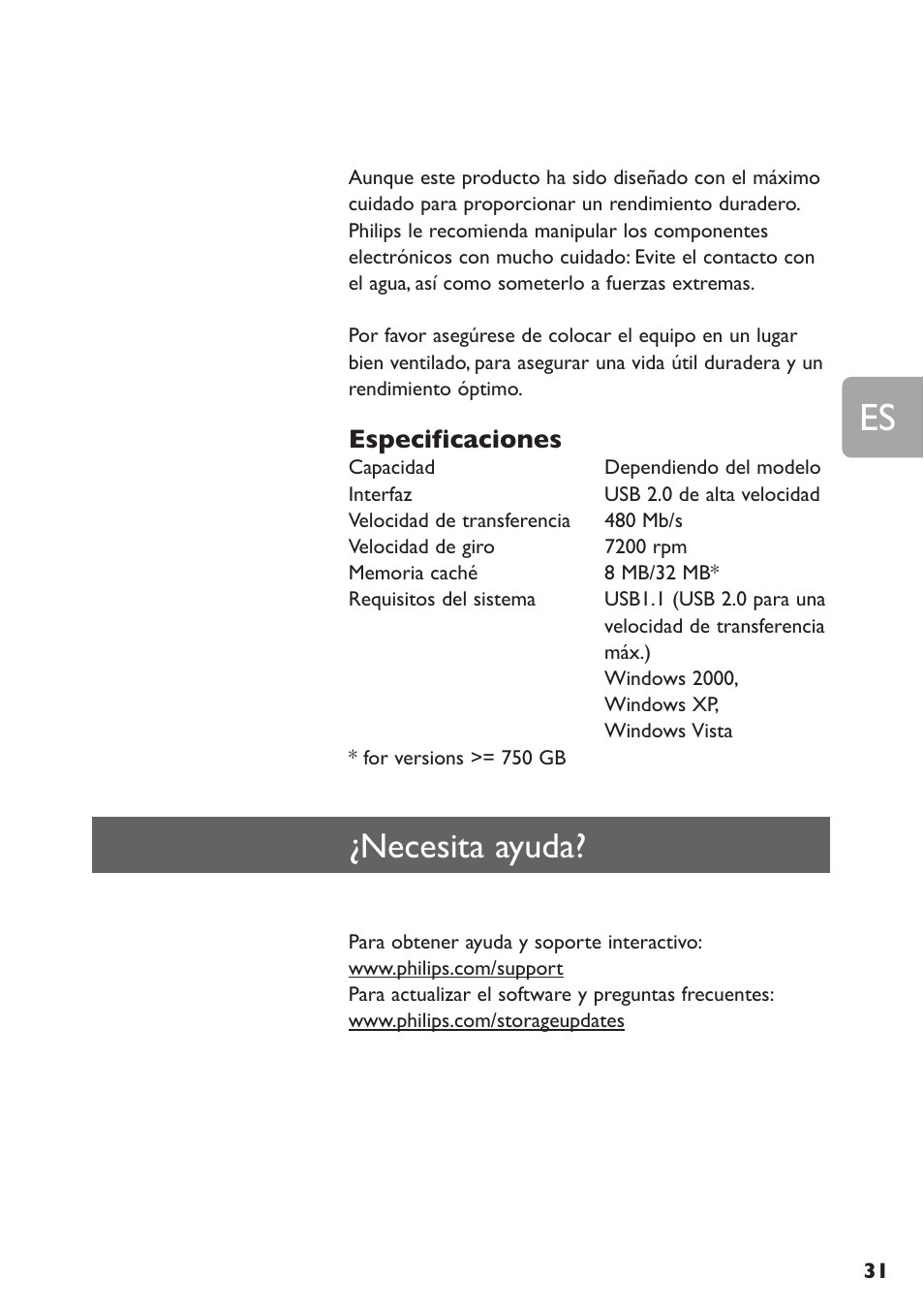 Necesita ayuda, Especificaciones | Philips SPE3000 Series User Manual | Page 31 / 52