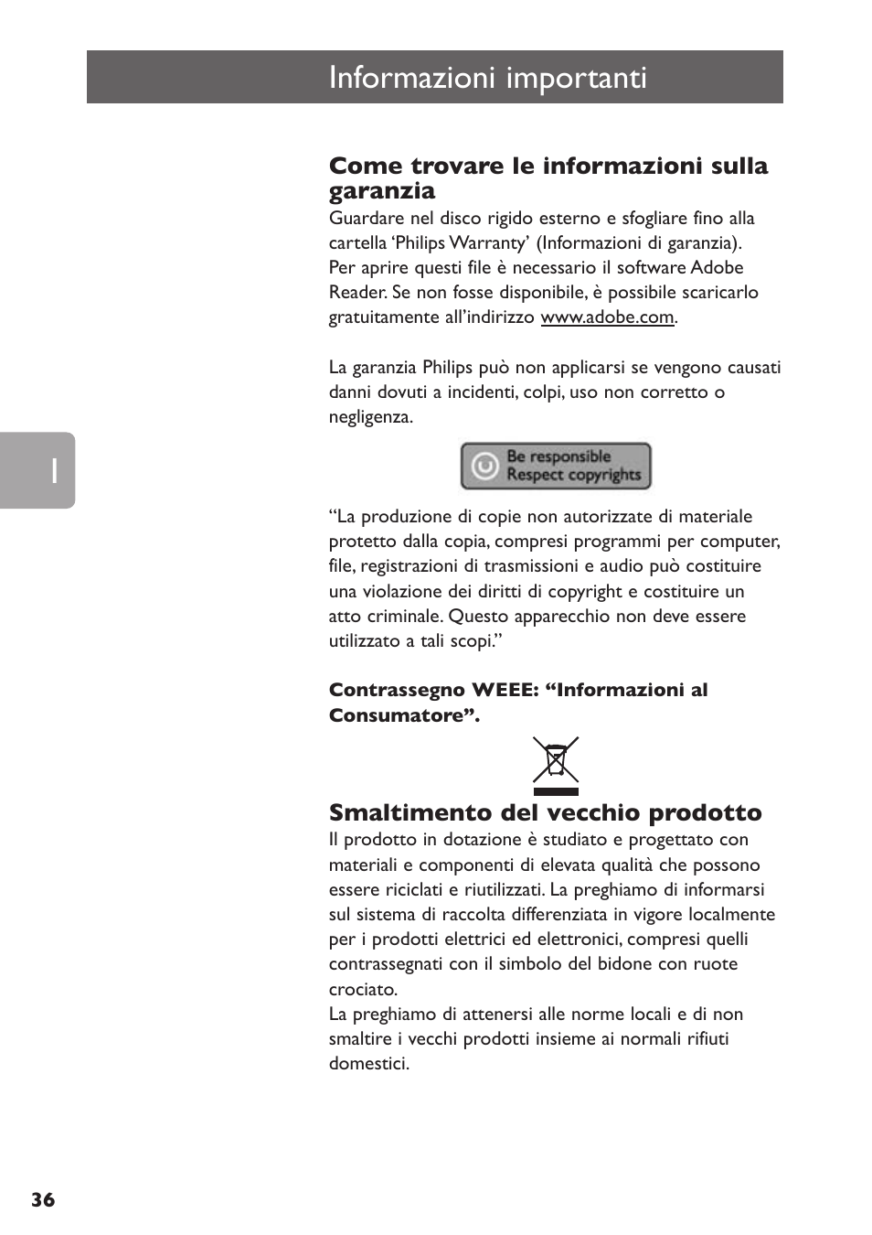 Informazioni importanti | Philips SPE3000 Series User Manual | Page 36 / 52