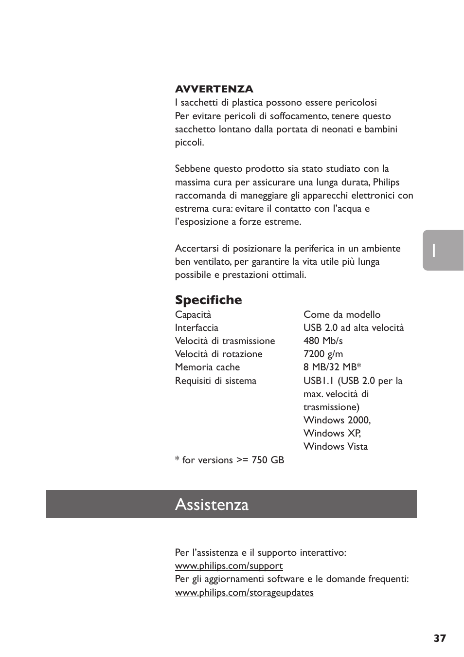 Assistenza, Specifiche | Philips SPE3000 Series User Manual | Page 37 / 52