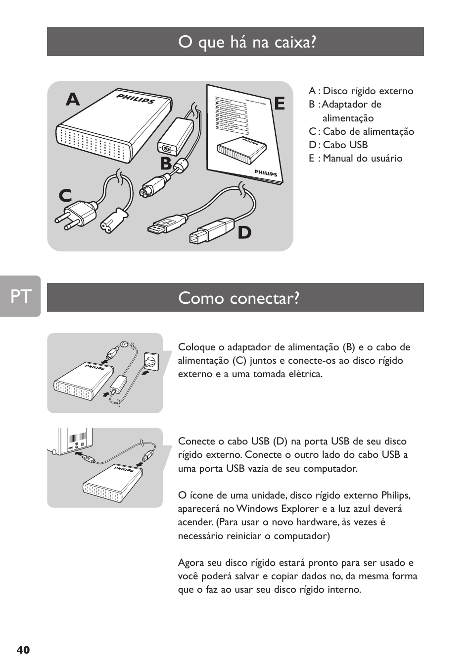 O que há na caixa, Como conectar | Philips SPE3000 Series User Manual | Page 40 / 52