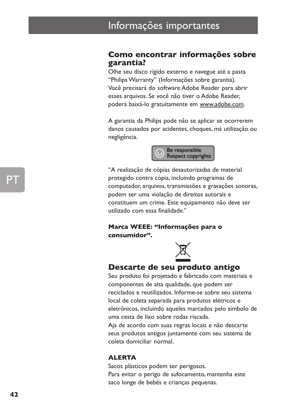 Informações importantes | Philips SPE3000 Series User Manual | Page 42 / 52
