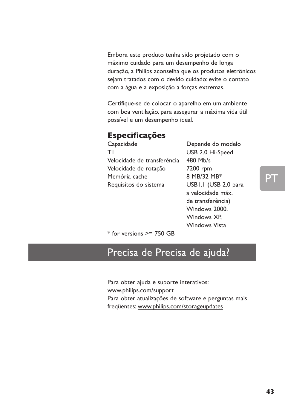 Precisa de precisa de ajuda, Especificações | Philips SPE3000 Series User Manual | Page 43 / 52
