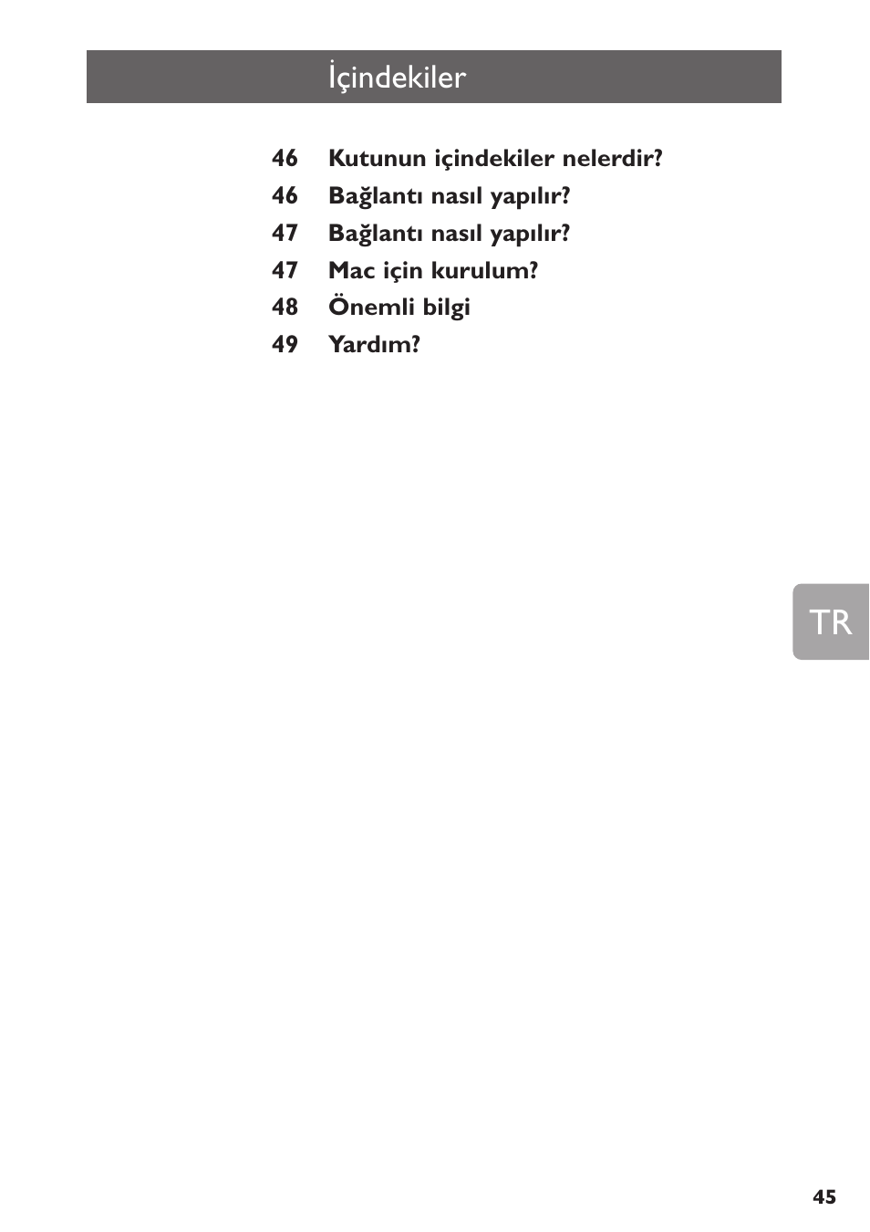 Içindekiler | Philips SPE3000 Series User Manual | Page 45 / 52