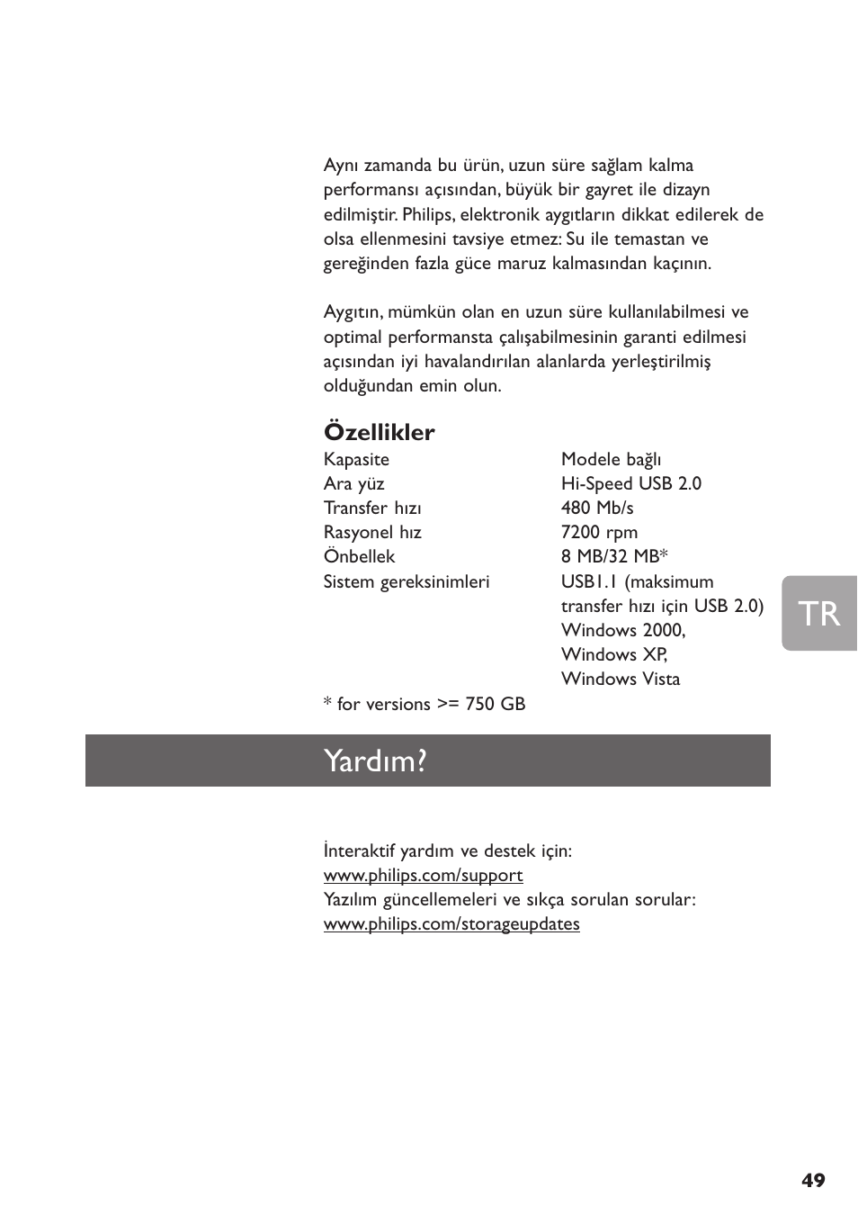 Yardım, Özellikler | Philips SPE3000 Series User Manual | Page 49 / 52