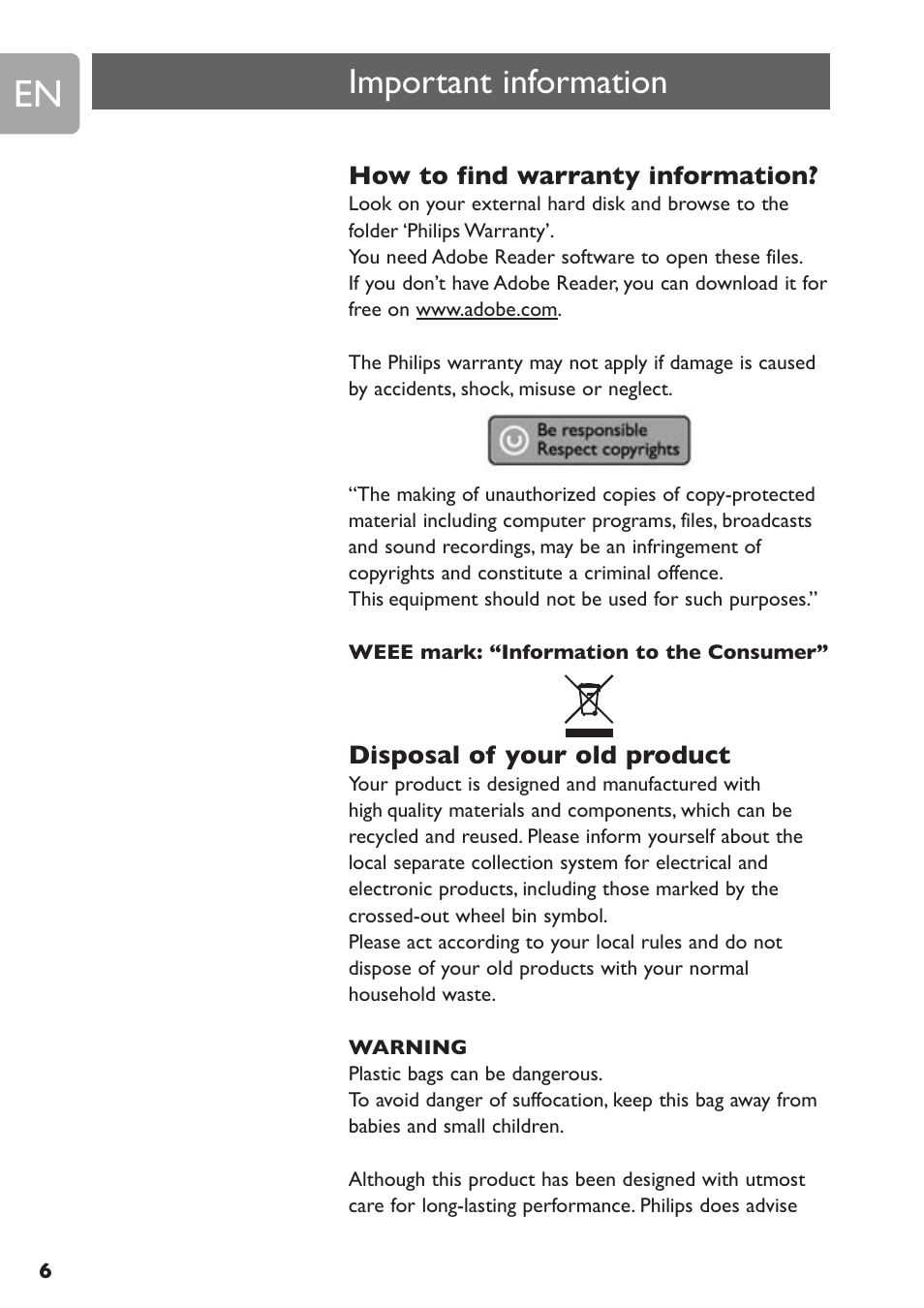 Important information | Philips SPE3000 Series User Manual | Page 6 / 52