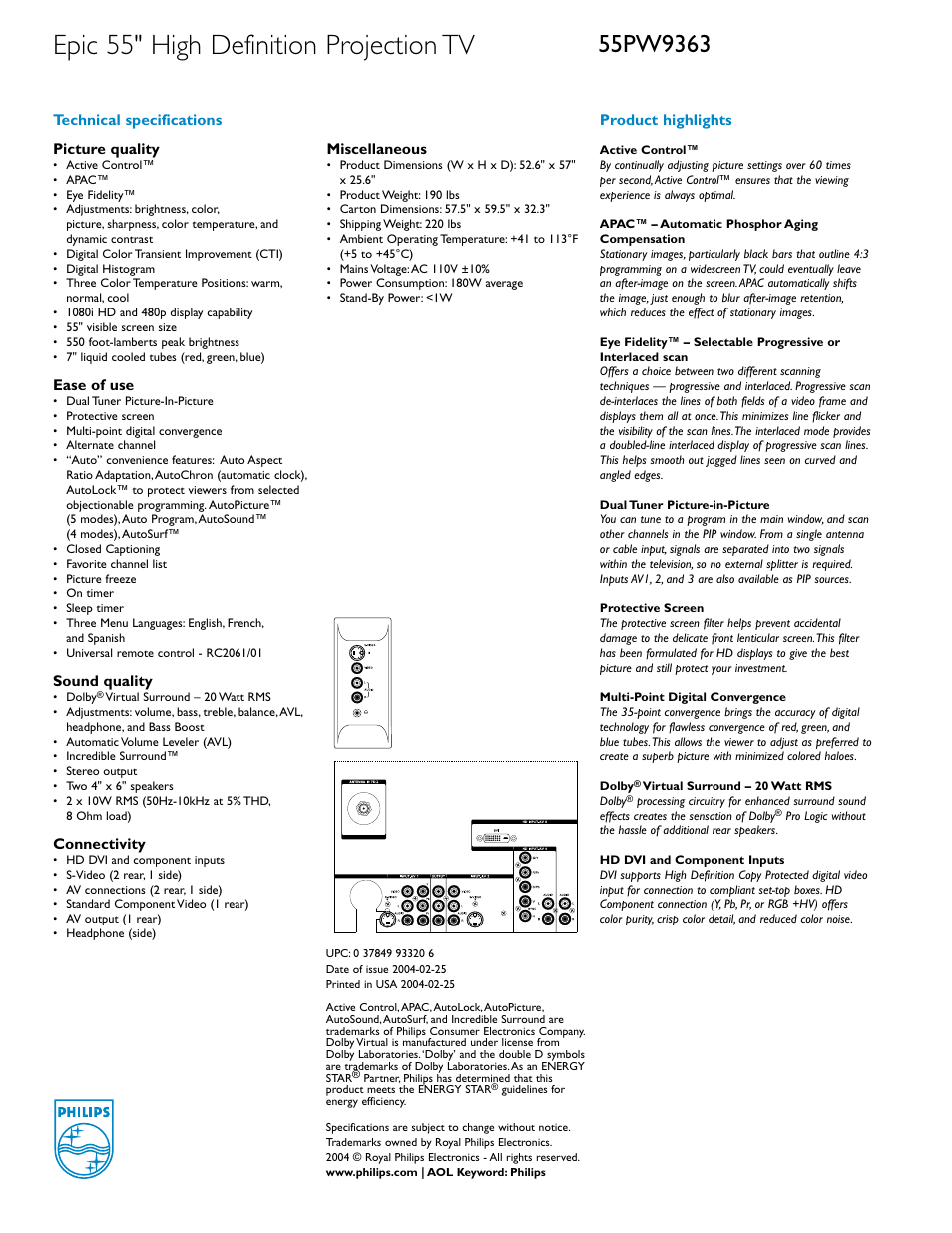 Epic 55" high definition projection tv | Philips 55PW9363 User Manual | Page 2 / 2