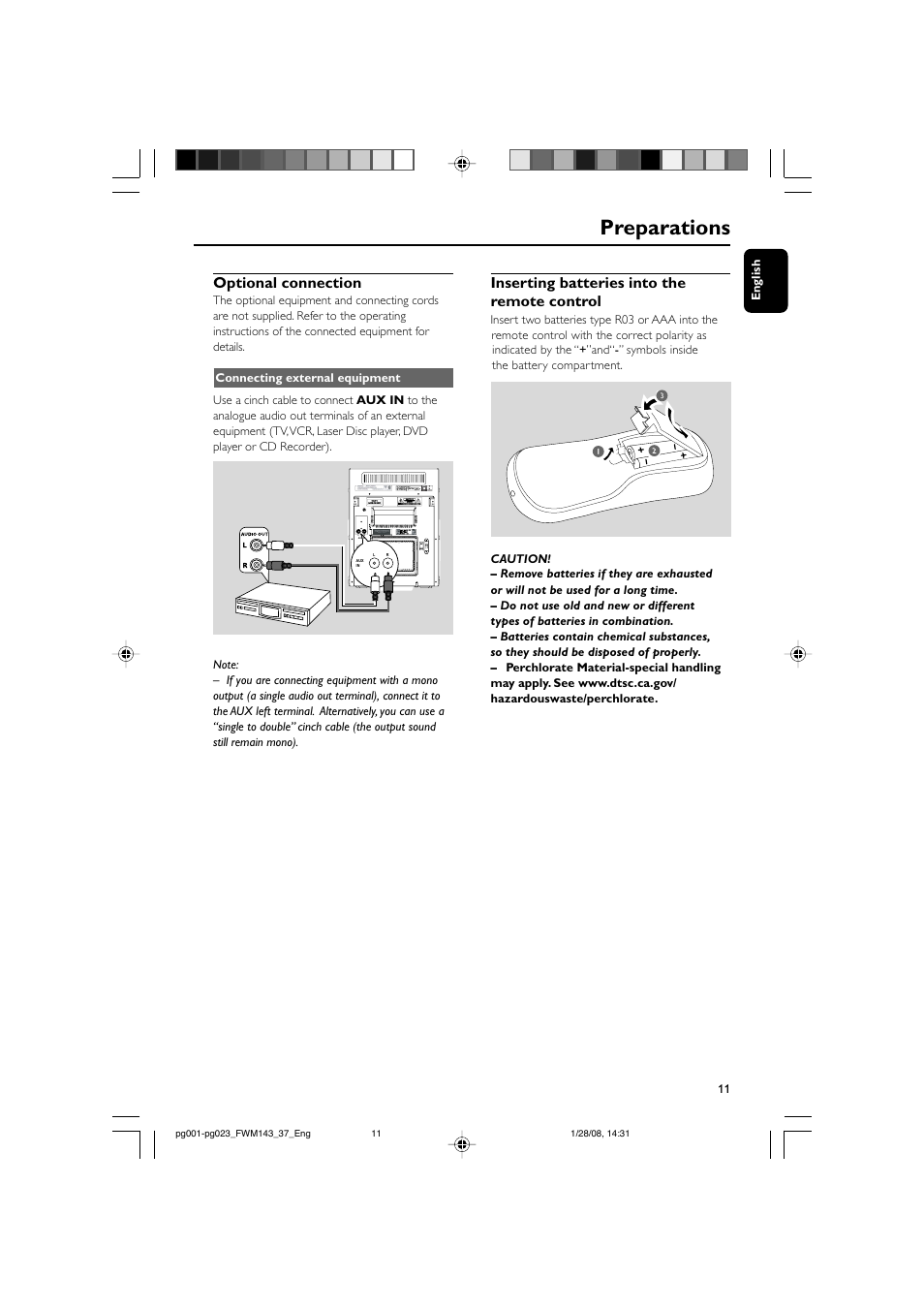 Preparations, Inserting batteries into the remote control, Optional connection | Philips FW M143 User Manual | Page 11 / 24