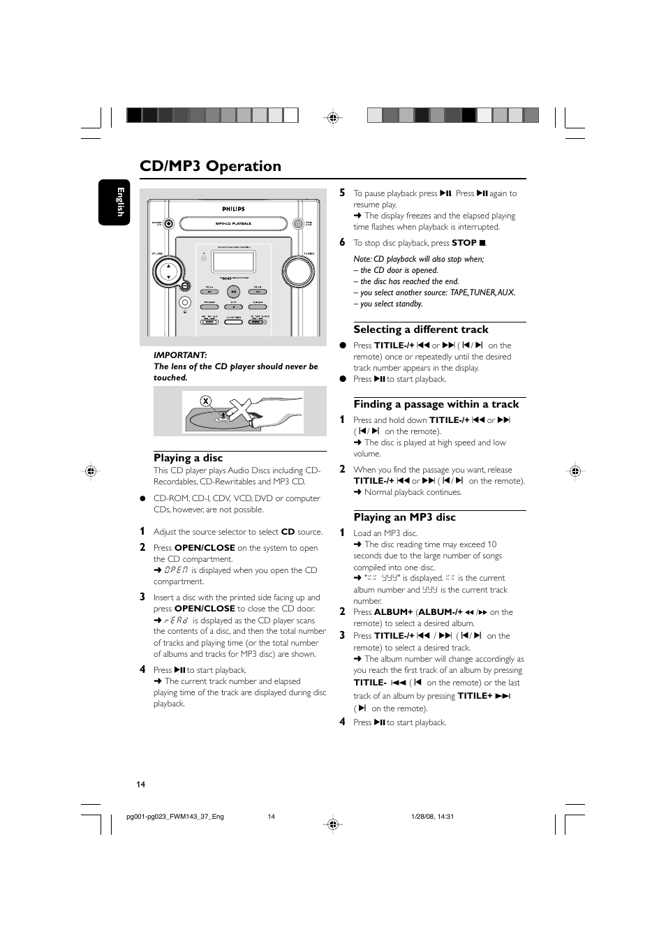 Cd/mp3 operation | Philips FW M143 User Manual | Page 14 / 24