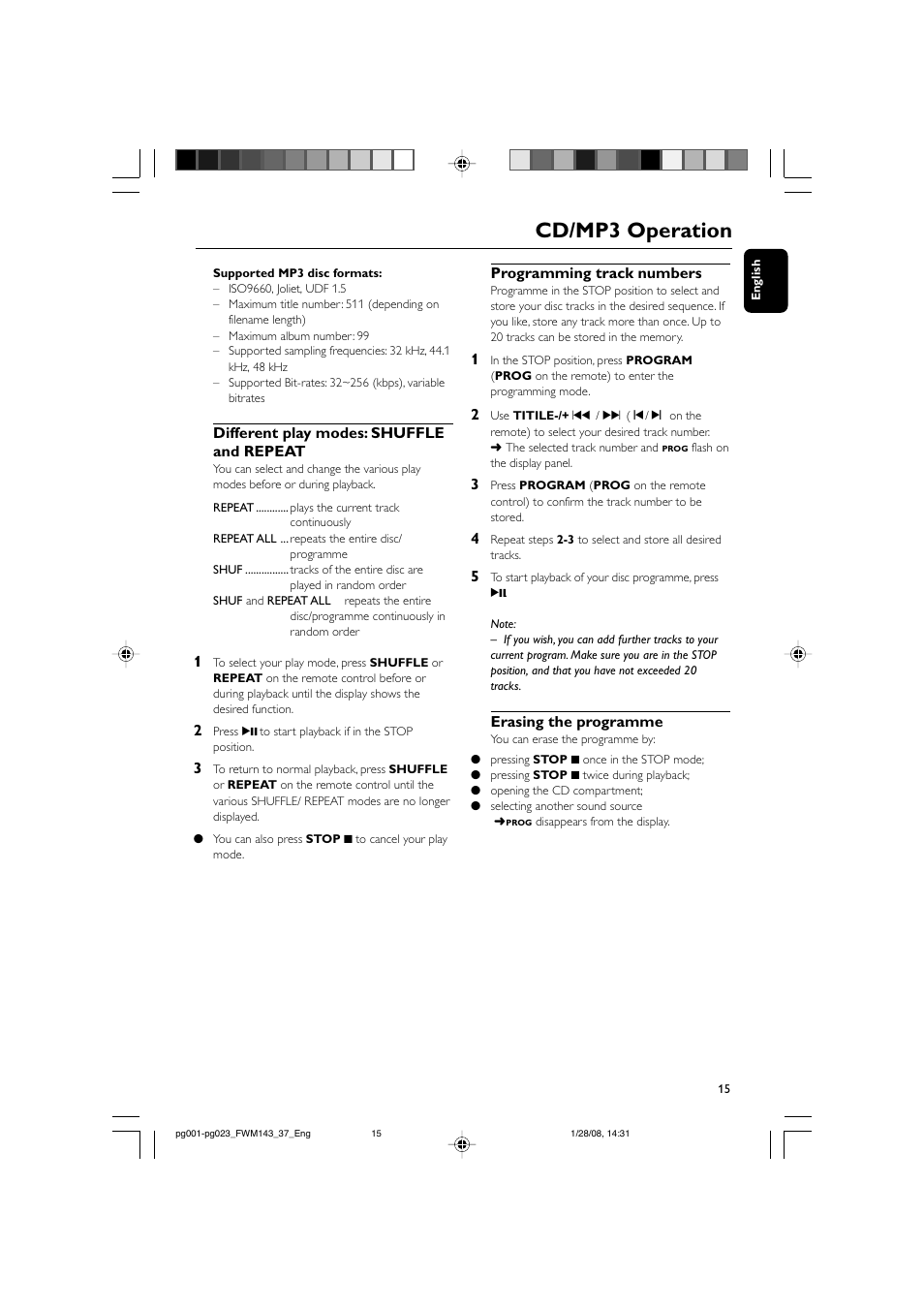 Cd/mp3 operation | Philips FW M143 User Manual | Page 15 / 24