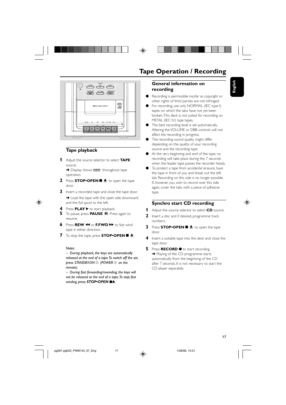 Tape operation / recording | Philips FW M143 User Manual | Page 17 / 24