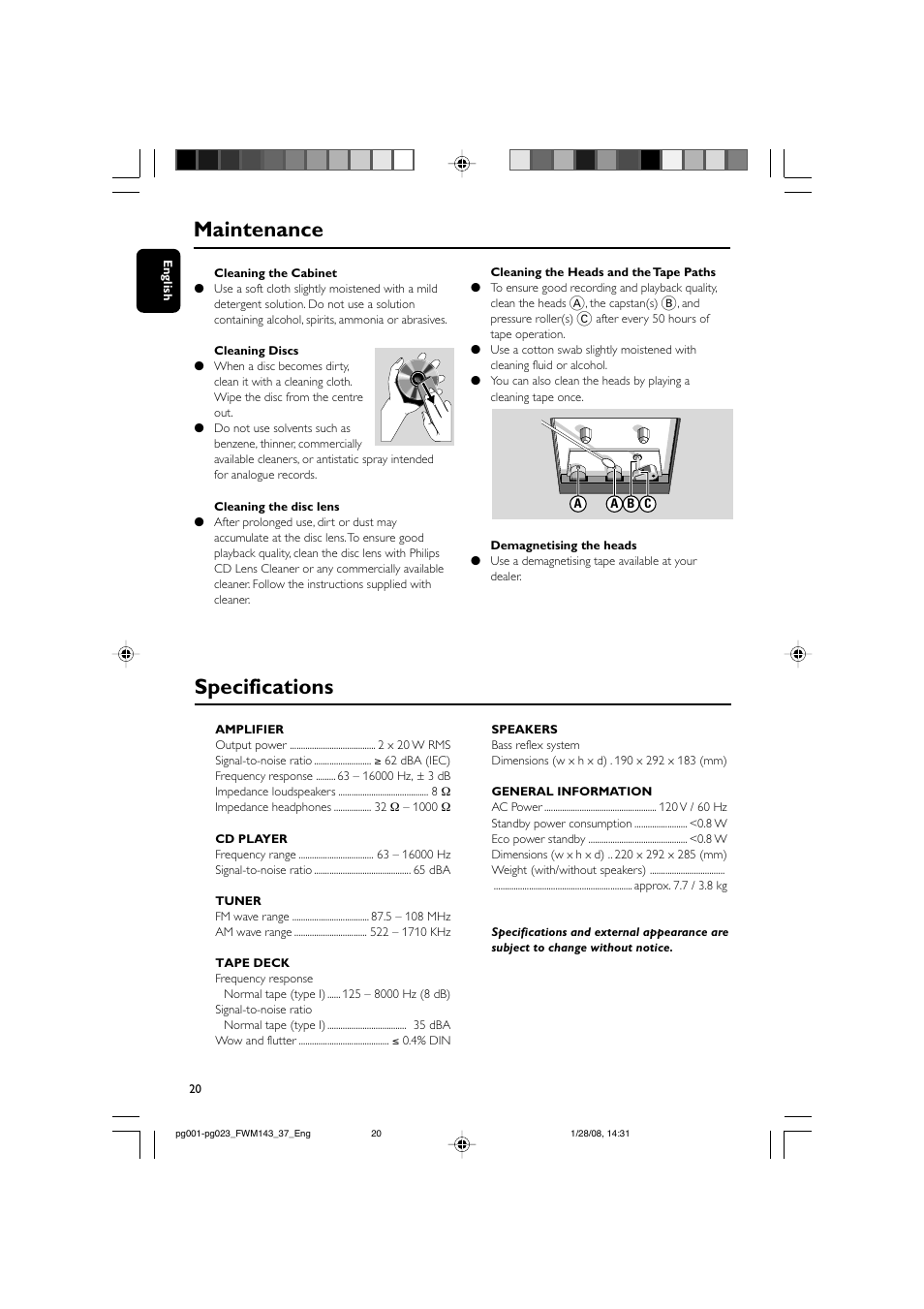 Maintenance, Specifications | Philips FW M143 User Manual | Page 20 / 24